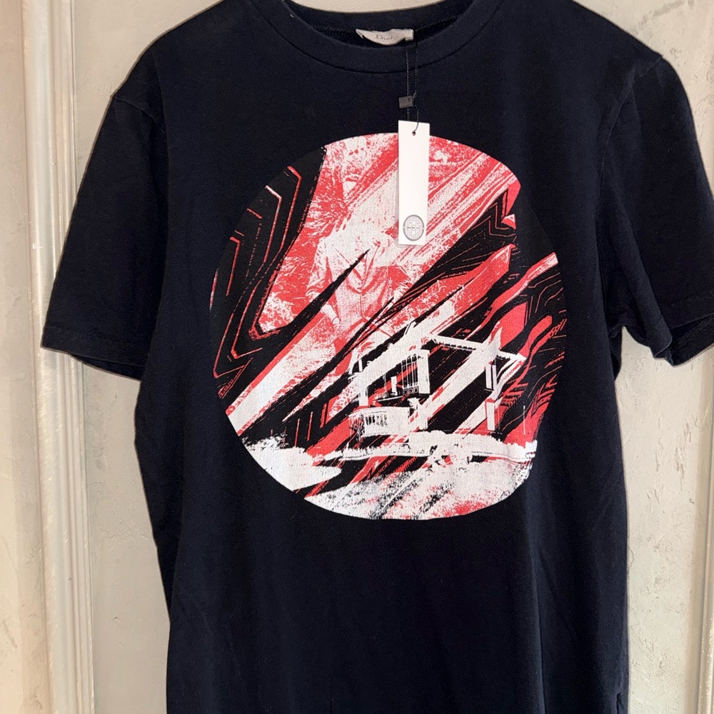Dior HommeBlack Short Sleeve Tee with Red and White Graphic
